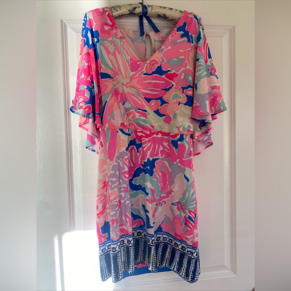 LILLY PULITZER RAYON CAFTAN SLIT SLEEVE TIKI PINK PATTERN MINI DRESS Size Small